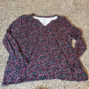 Croft & Barrow Womens Plus Size 1X Long Sleeve V Neck Floral Print Top Shirt